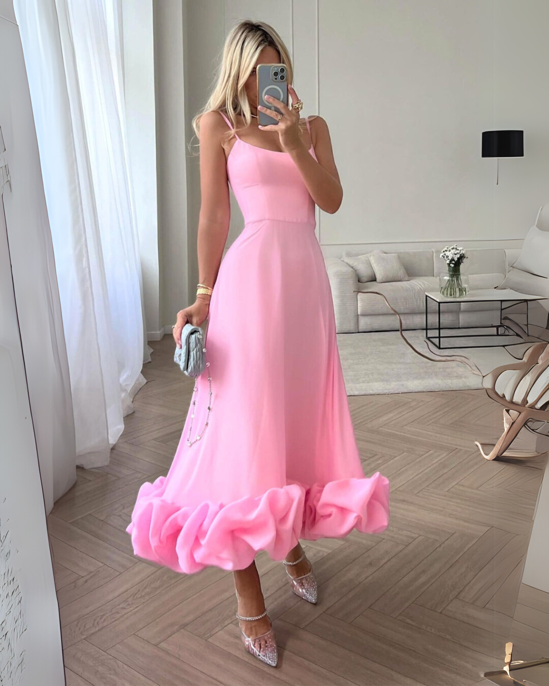 A-Line Midi Dress with Wide Ruffle Hem