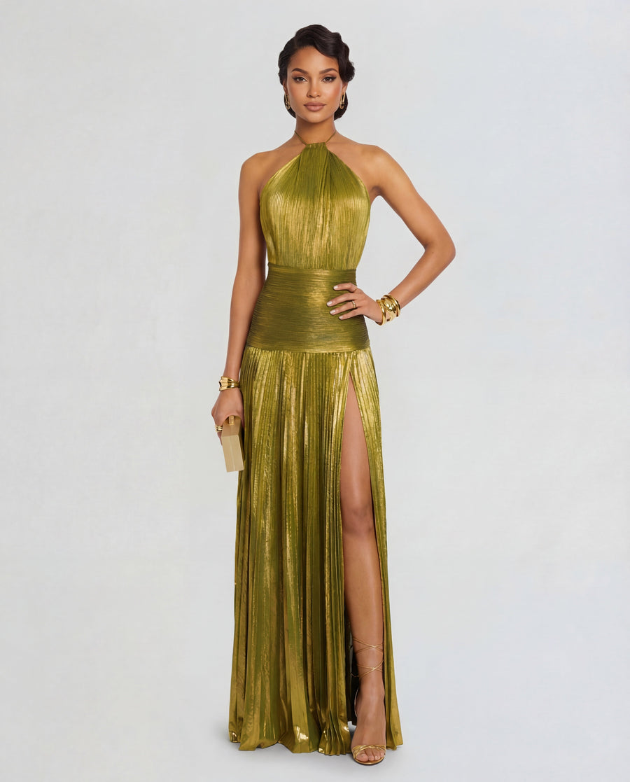 Halter Neck Maxi Dress with High Leg Slit