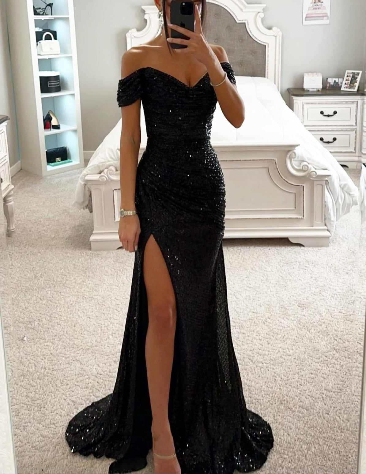 Sequin Off-Shoulder Maxi Dress