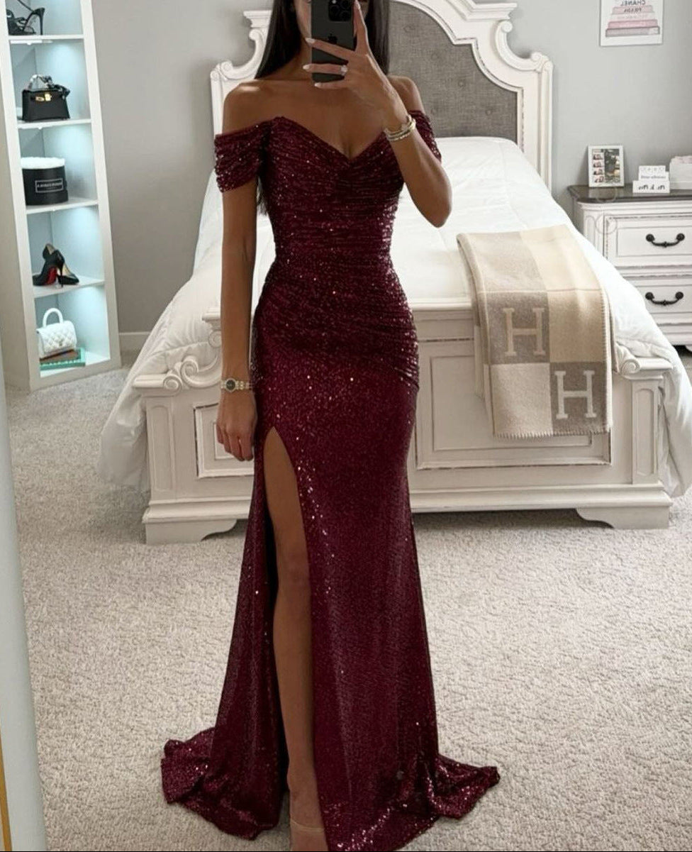 Sequin Off-Shoulder Maxi Dress