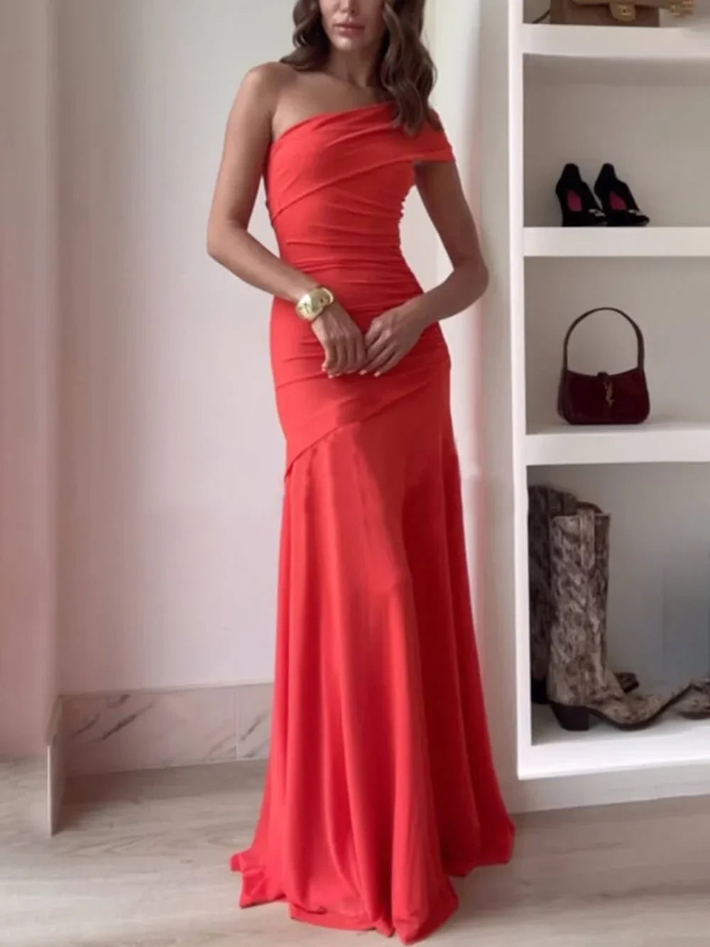 One-Shoulder Maxi Dress with Fully Ruched Bodice