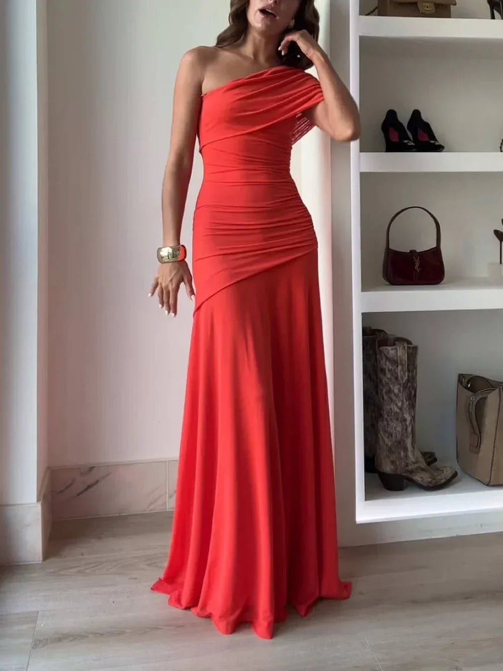 One-Shoulder Maxi Dress with Fully Ruched Bodice