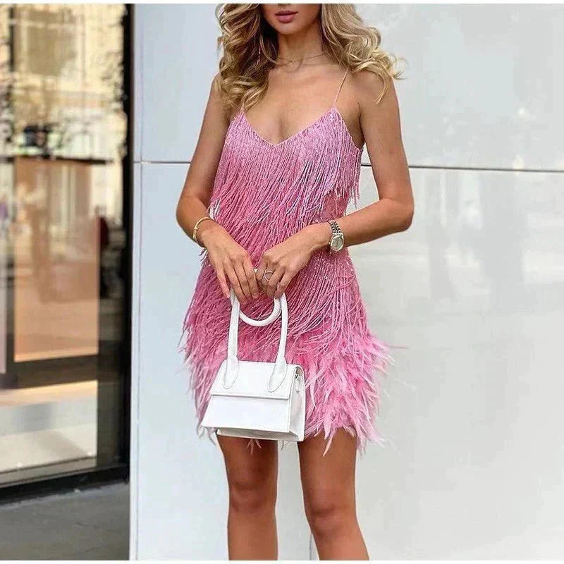 Sequin Mini Dress with Feather-Trimmed Hem