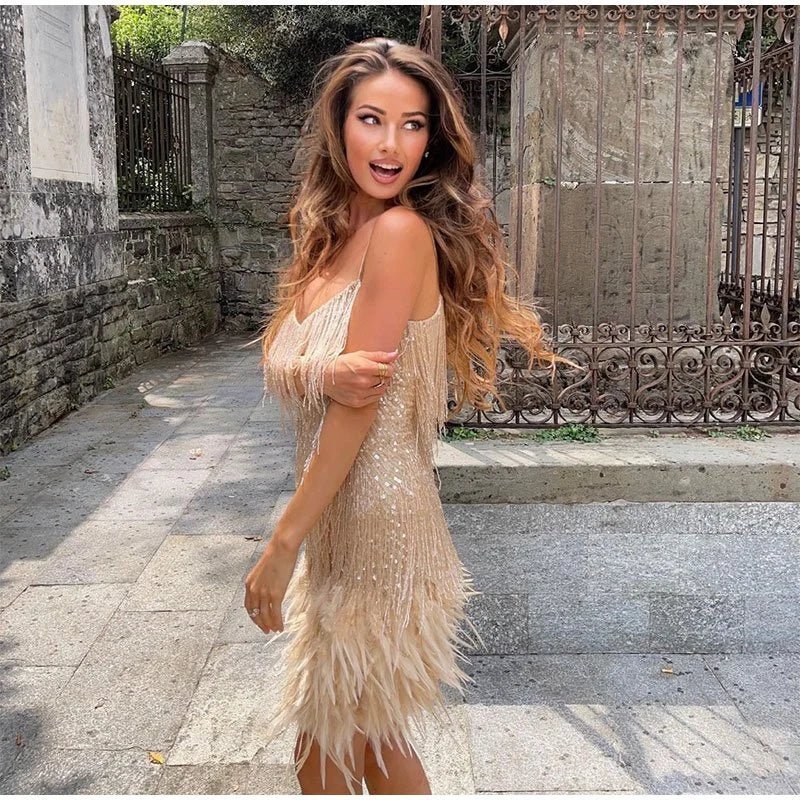 Sequin Mini Dress with Feather-Trimmed Hem