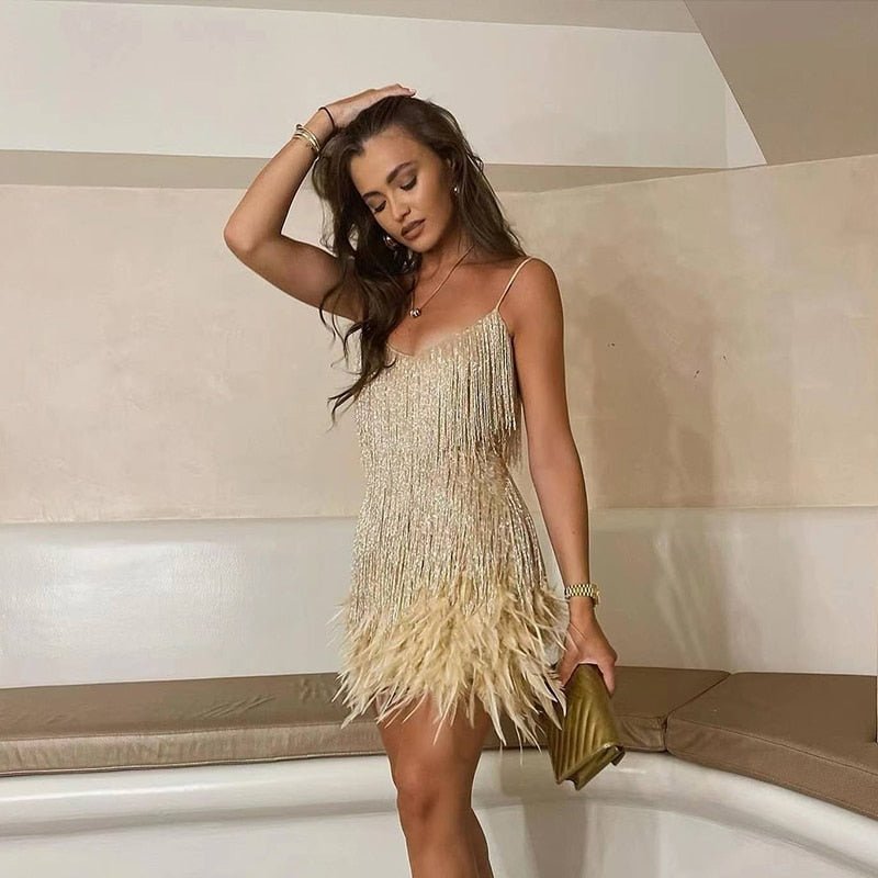 Sequin Mini Dress with Feather-Trimmed Hem