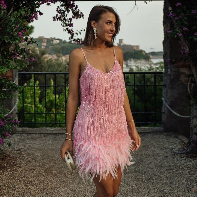 Sequin Mini Dress with Feather-Trimmed Hem