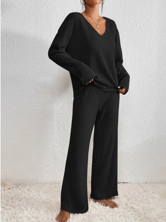 Ribbed Knit Two-Piece Set with V-Neck Jumper