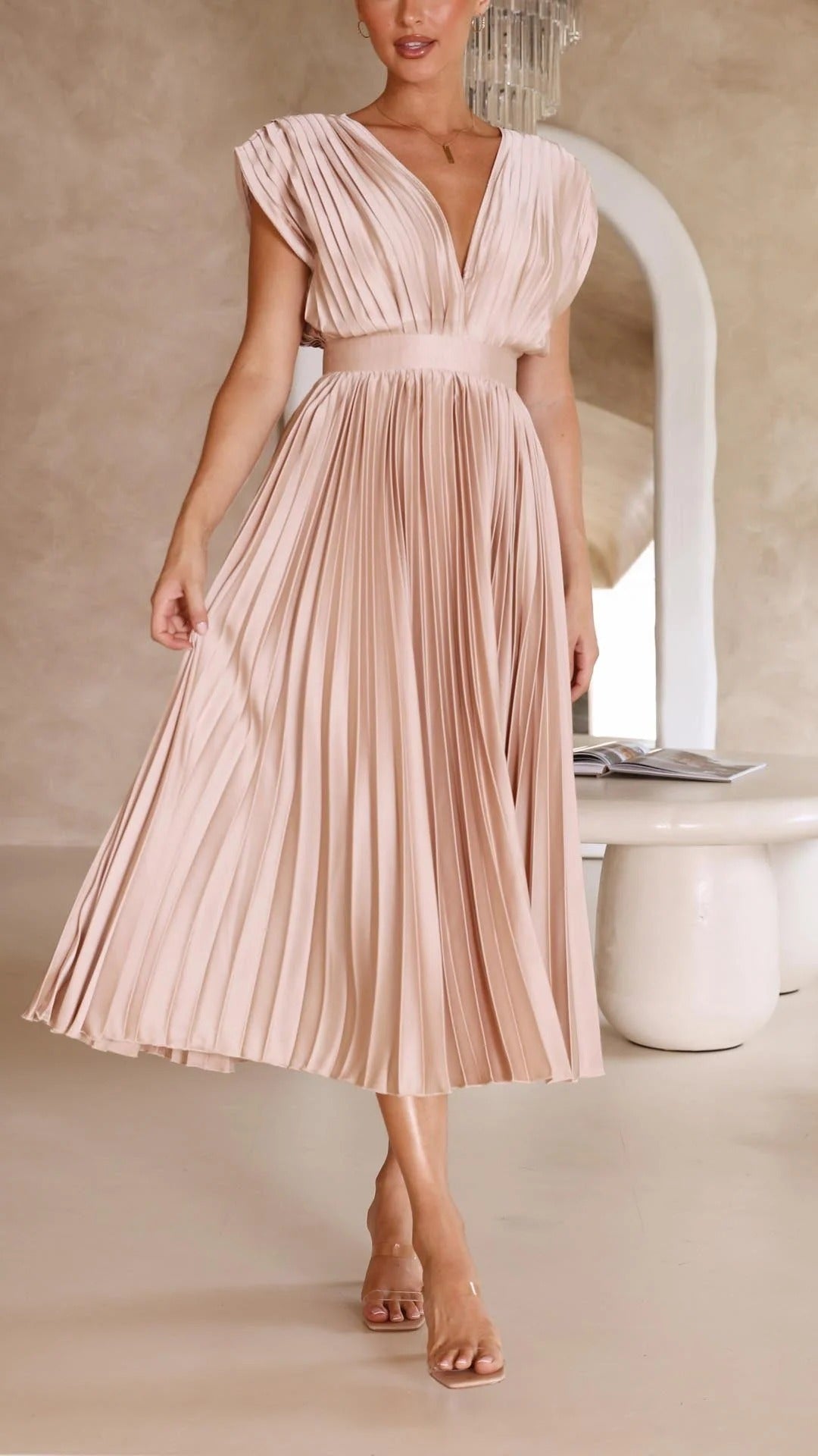 Maxi Dress with Draped V-Neckline and High Waist