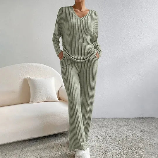 Ribbed Knit Two-Piece Set with V-Neck Jumper