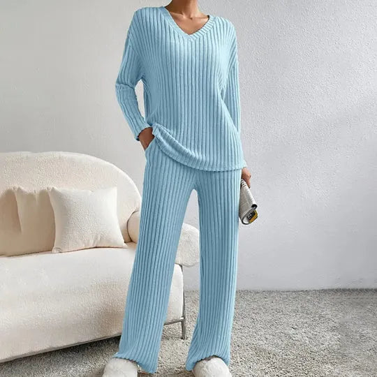Ribbed Knit Two-Piece Set with V-Neck Jumper