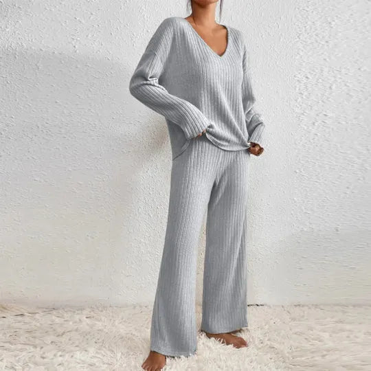 Ribbed Knit Two-Piece Set with V-Neck Jumper