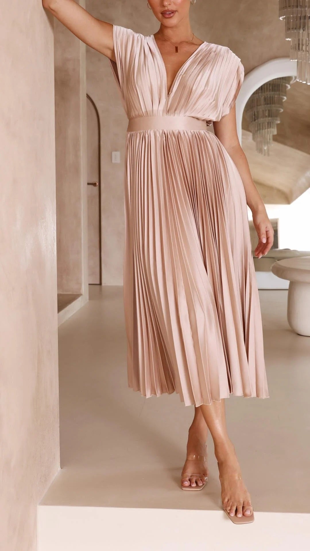 Maxi Dress with Draped V-Neckline and High Waist