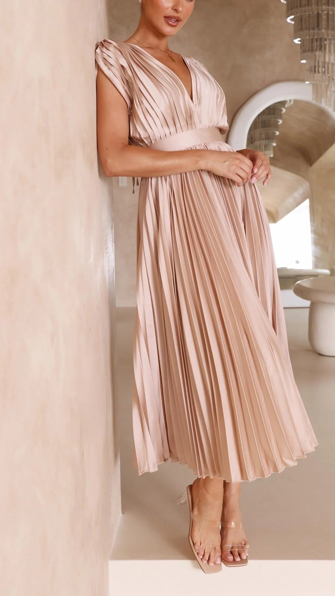 Maxi Dress with Draped V-Neckline and High Waist