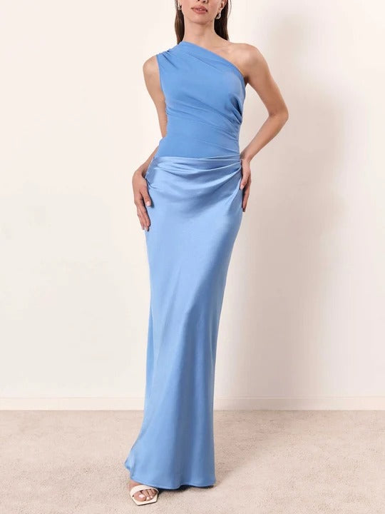Maxi Dress with One-Shoulder Pleated Bodice
