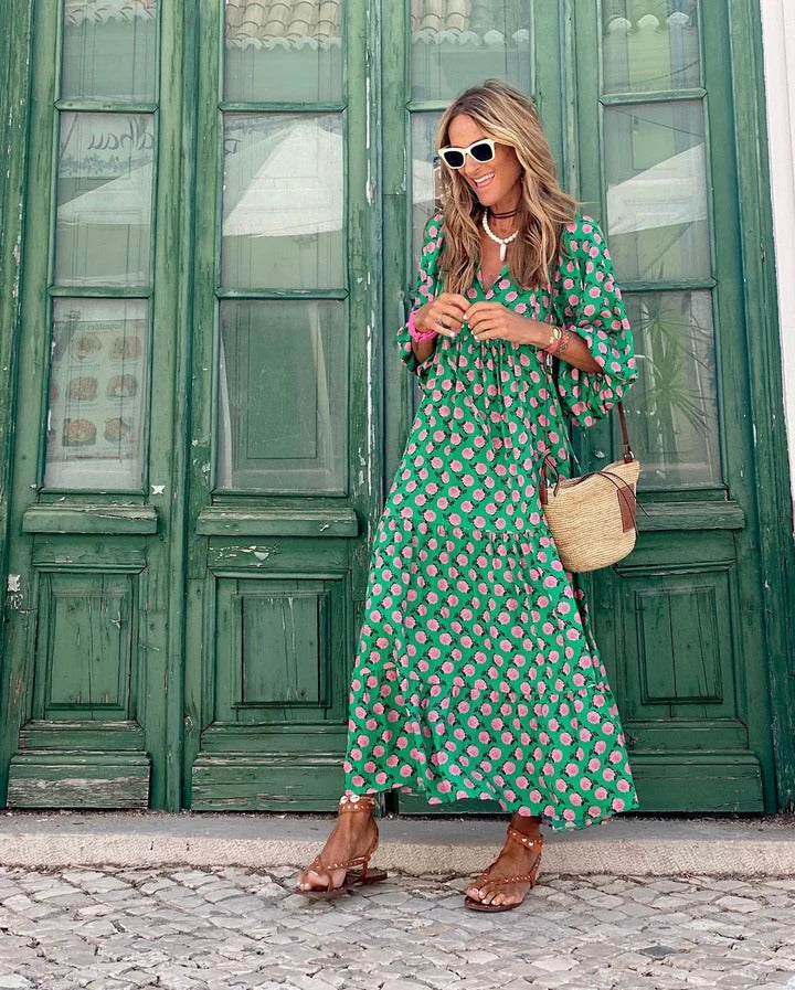 Maxi Dress with Puff Sleeves and Tiered Skirt