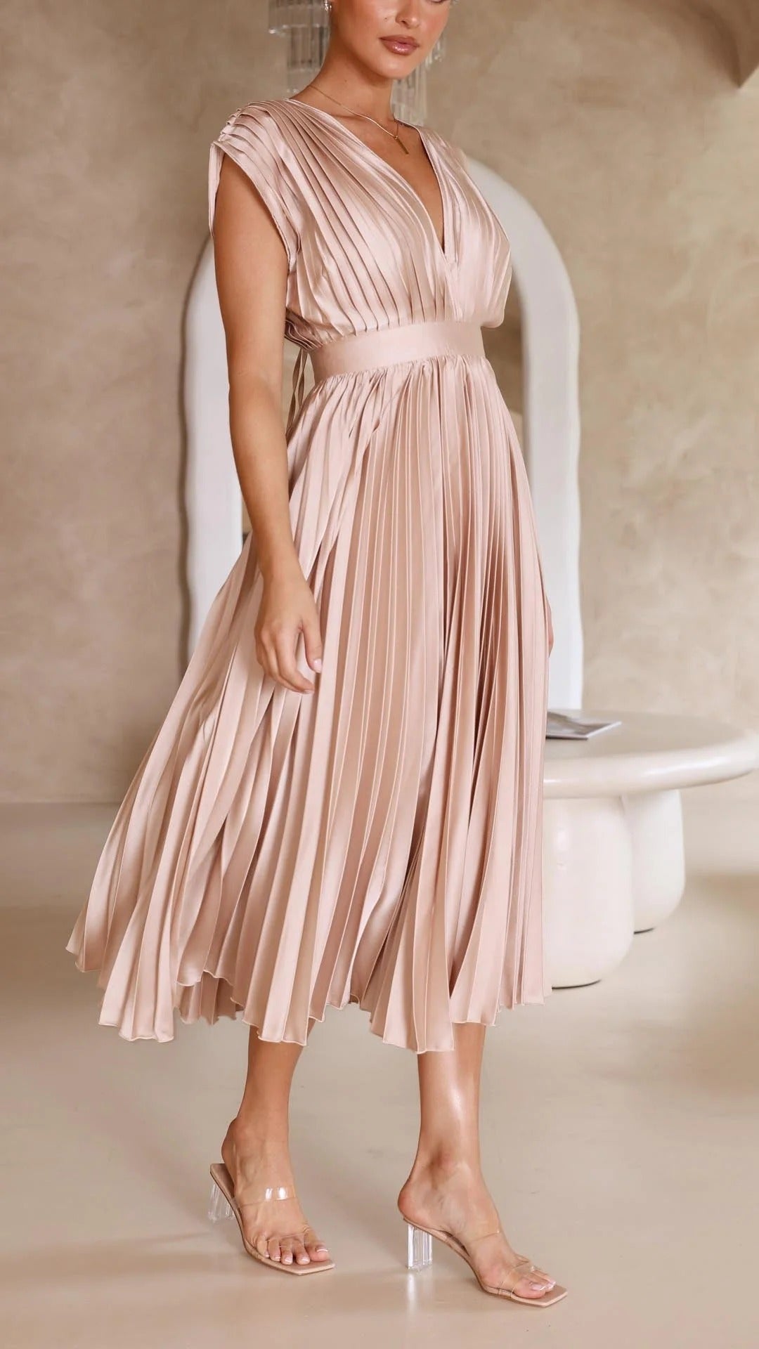 Maxi Dress with Draped V-Neckline and High Waist