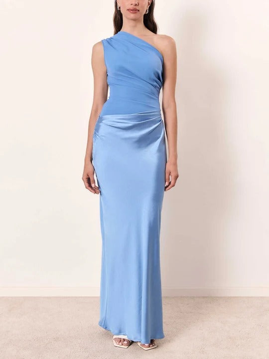 Maxi Dress with One-Shoulder Pleated Bodice
