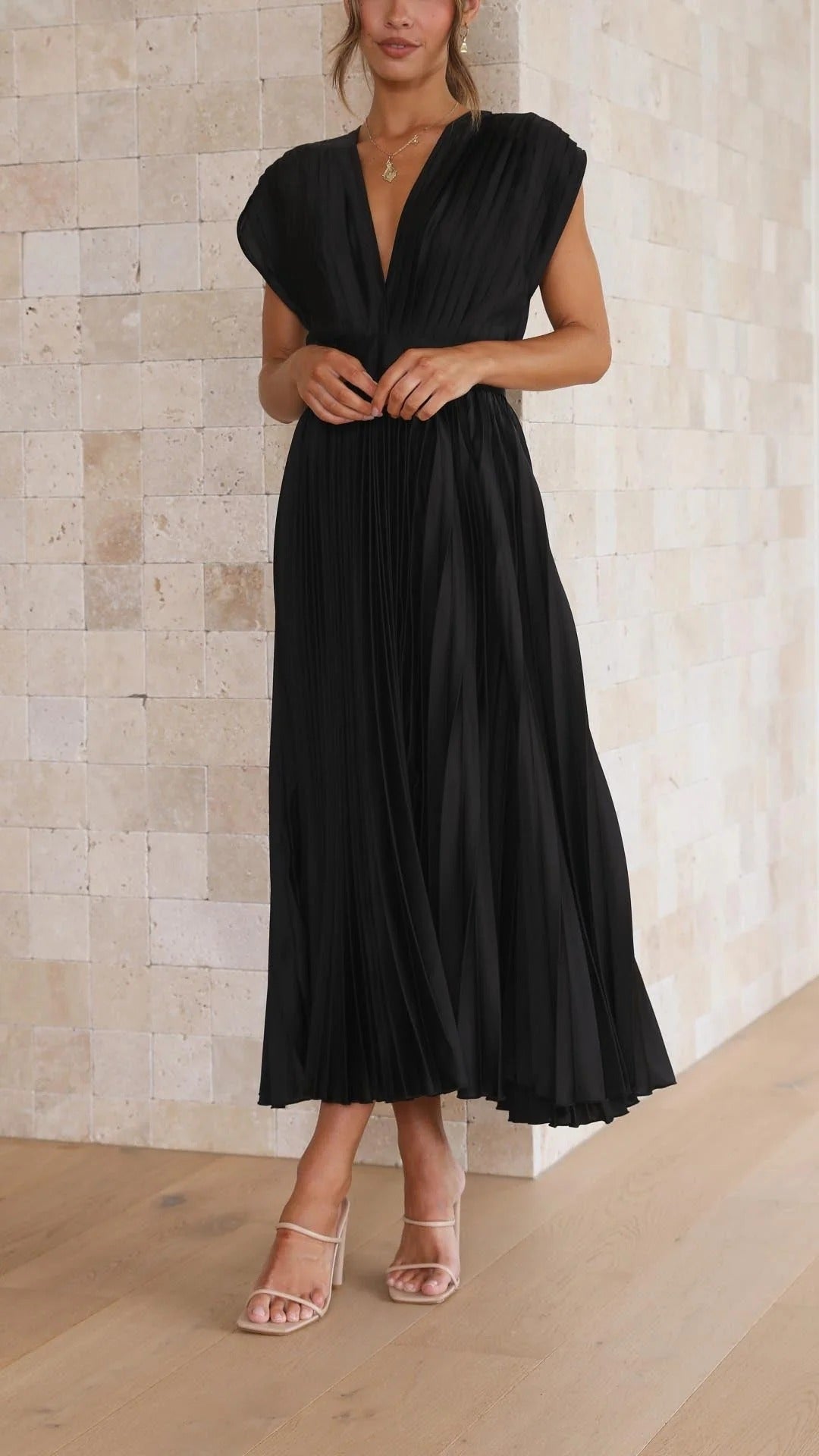 Maxi Dress with Draped V-Neckline and High Waist