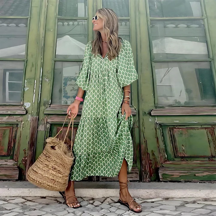 Maxi Dress with Puff Sleeves and Tiered Skirt
