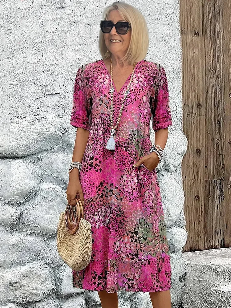 Midi Dress with Bold Print and Side Pockets