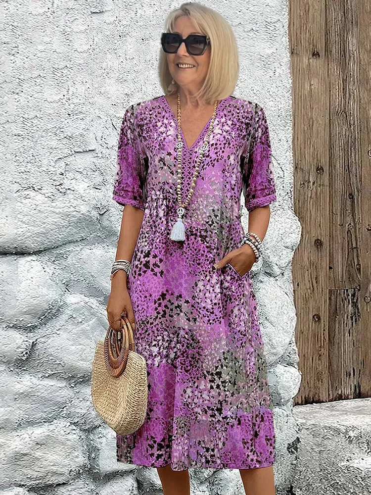 Midi Dress with Bold Print and Side Pockets