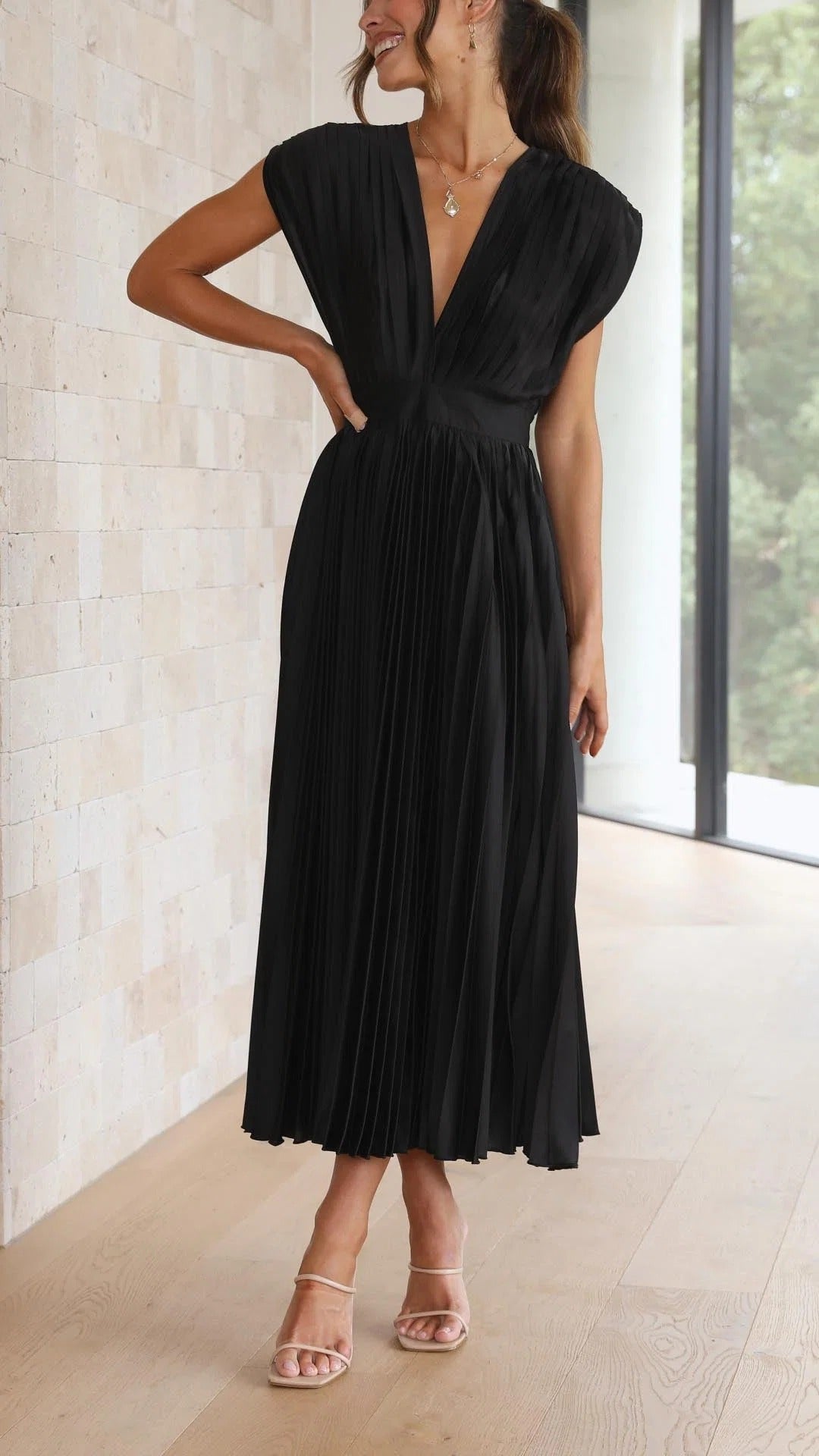 Maxi Dress with Draped V-Neckline and High Waist