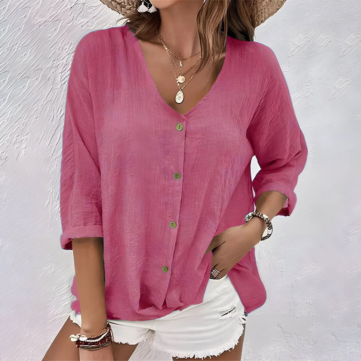 Button-Up Blouse with V-Neck and Roll Sleeves