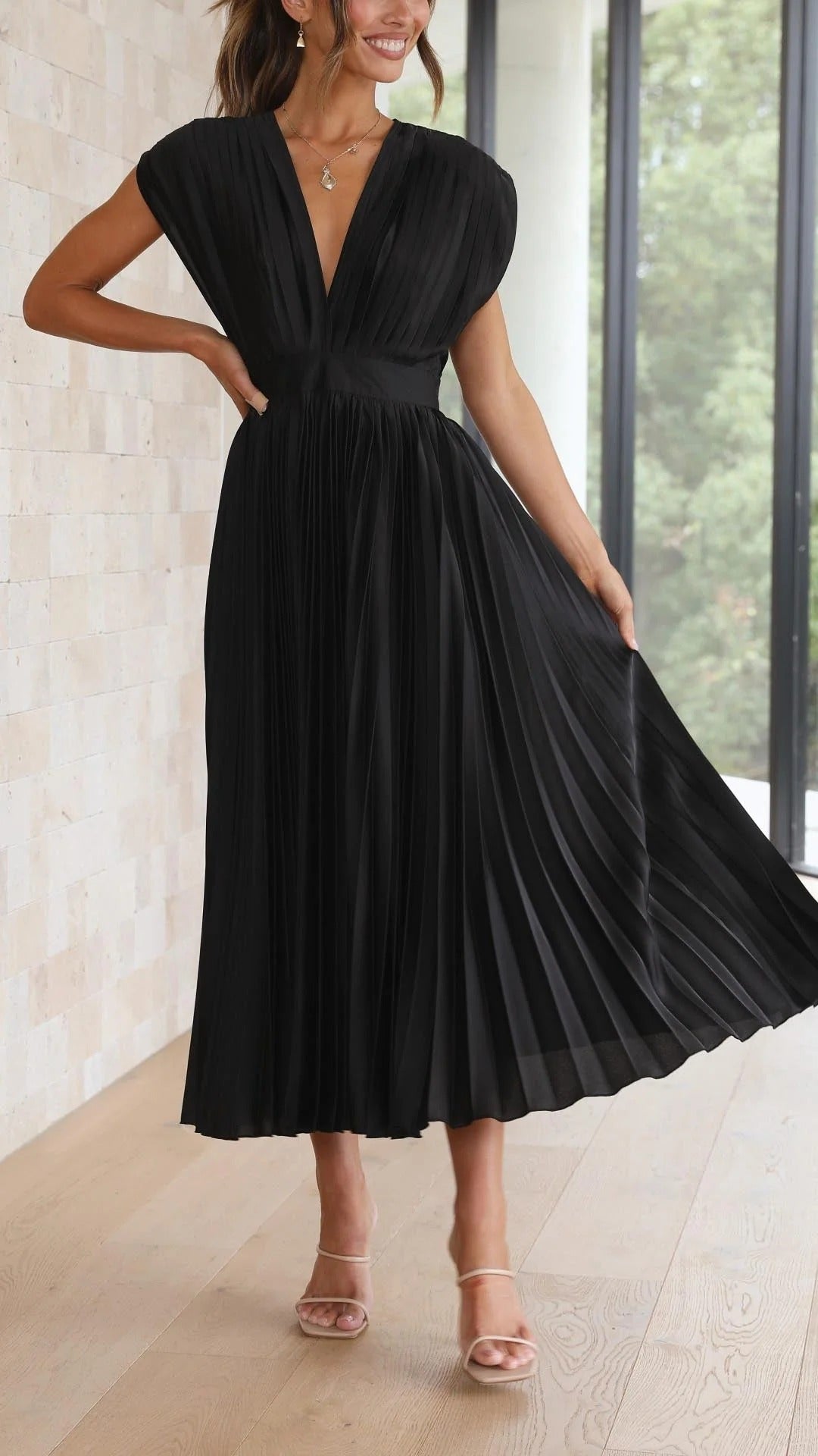 Maxi Dress with Draped V-Neckline and High Waist