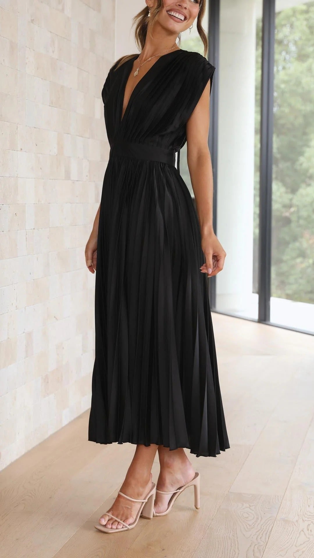 Maxi Dress with Draped V-Neckline and High Waist