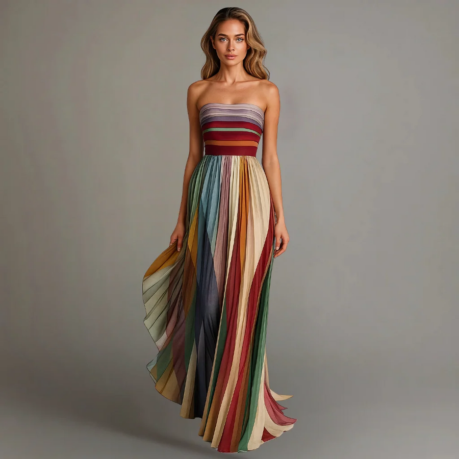 Strapless Pleated Maxi Dress – Colourful Print