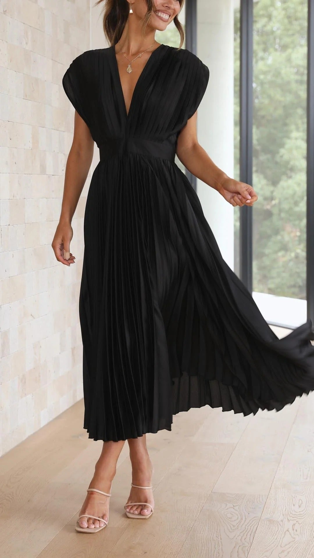 Maxi Dress with Draped V-Neckline and High Waist