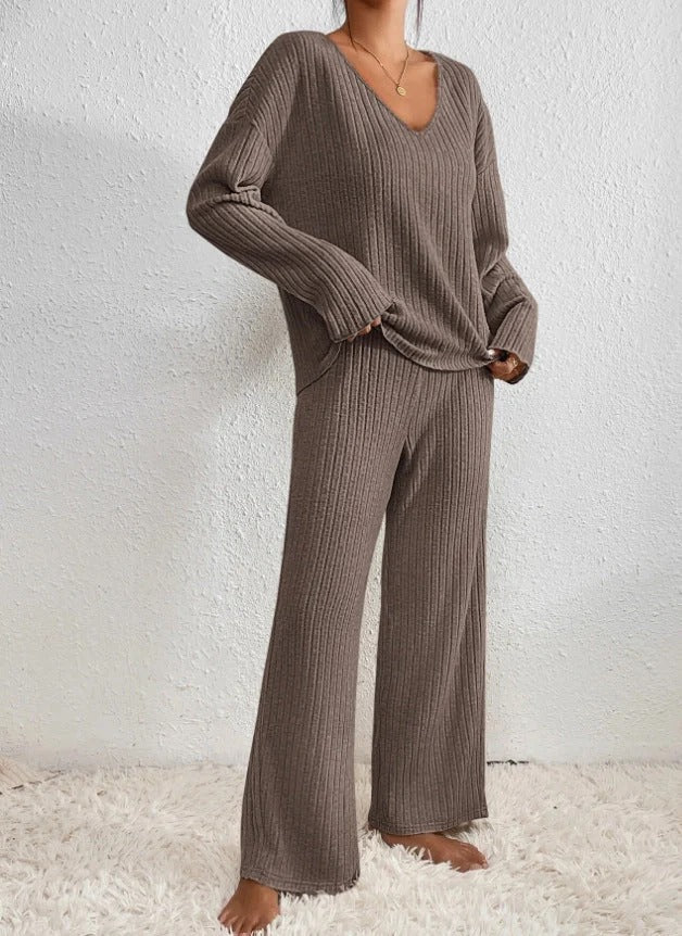 Ribbed Knit Two-Piece Set with V-Neck Jumper