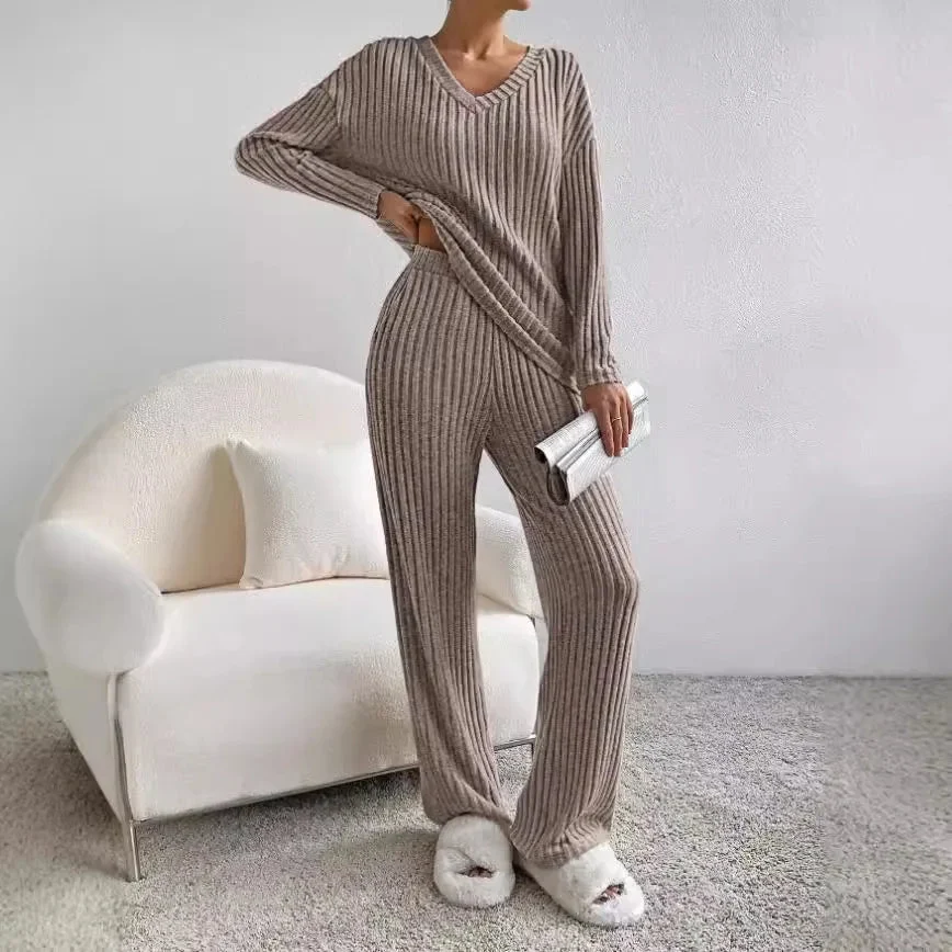 Ribbed Knit Two-Piece Set with V-Neck Jumper