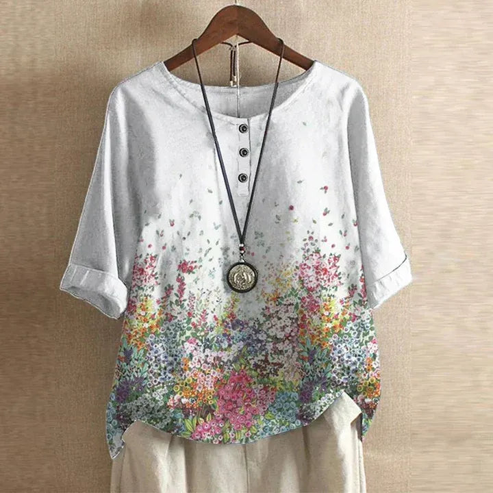 Blouse with Vintage Floral Print and Relaxed Fit