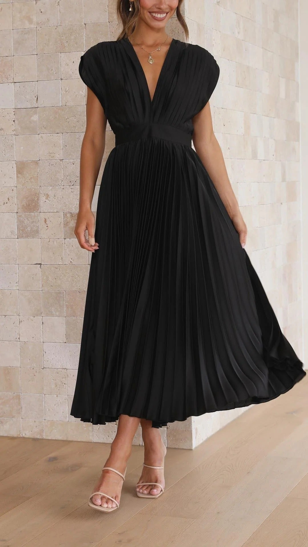 Maxi Dress with Draped V-Neckline and High Waist