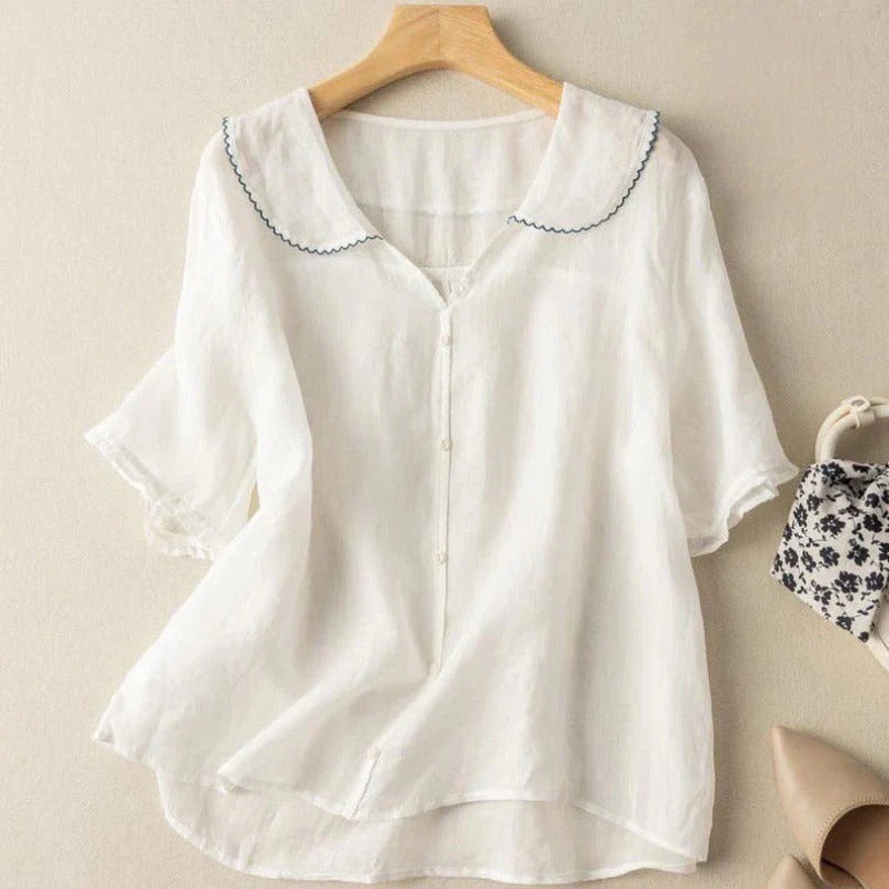 Button-Front Blouse with Scalloped Collar