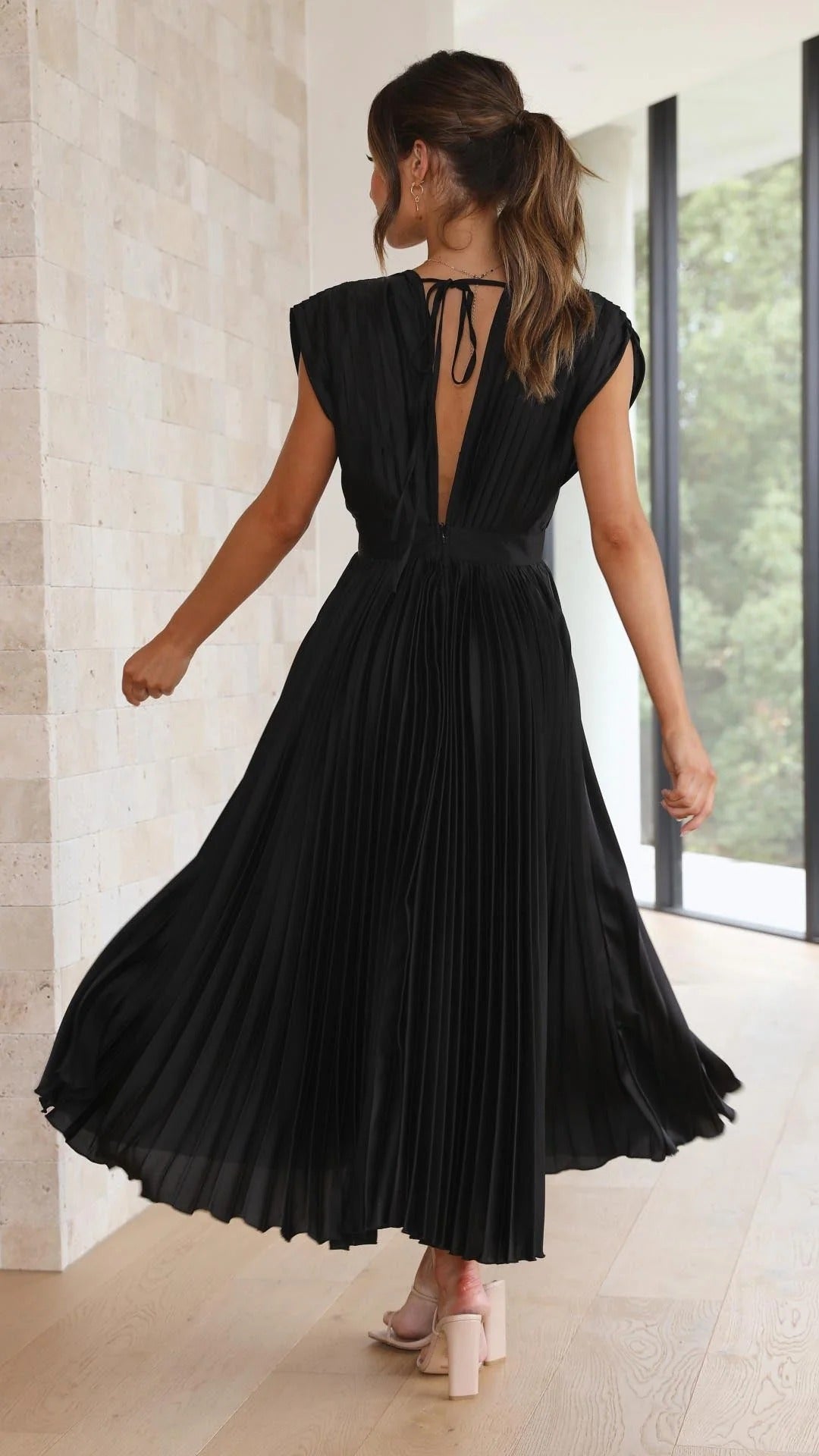 Maxi Dress with Draped V-Neckline and High Waist