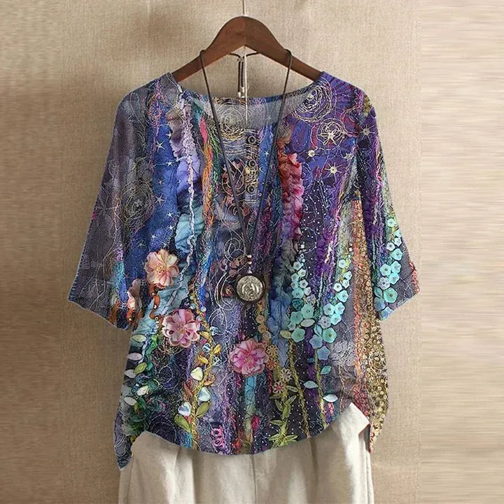 Blouse with Vintage Floral Print and Relaxed Fit