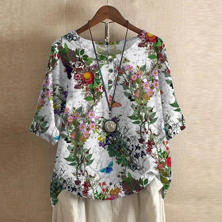 Blouse with Vintage Floral Print and Relaxed Fit