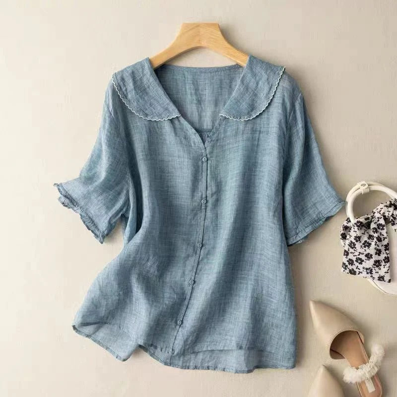 Button-Front Blouse with Scalloped Collar