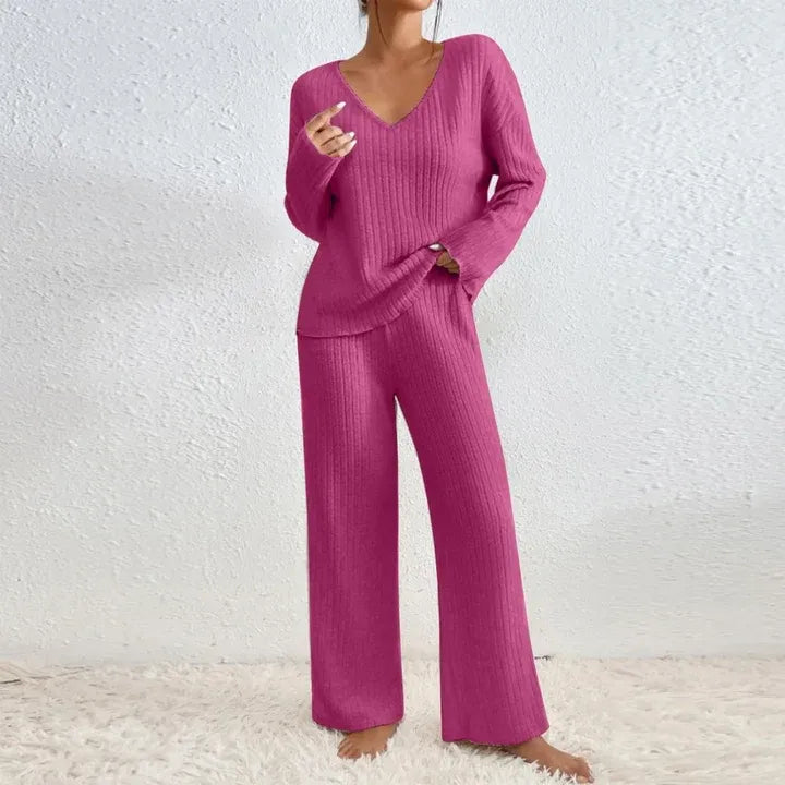 Ribbed Knit Two-Piece Set with V-Neck Jumper