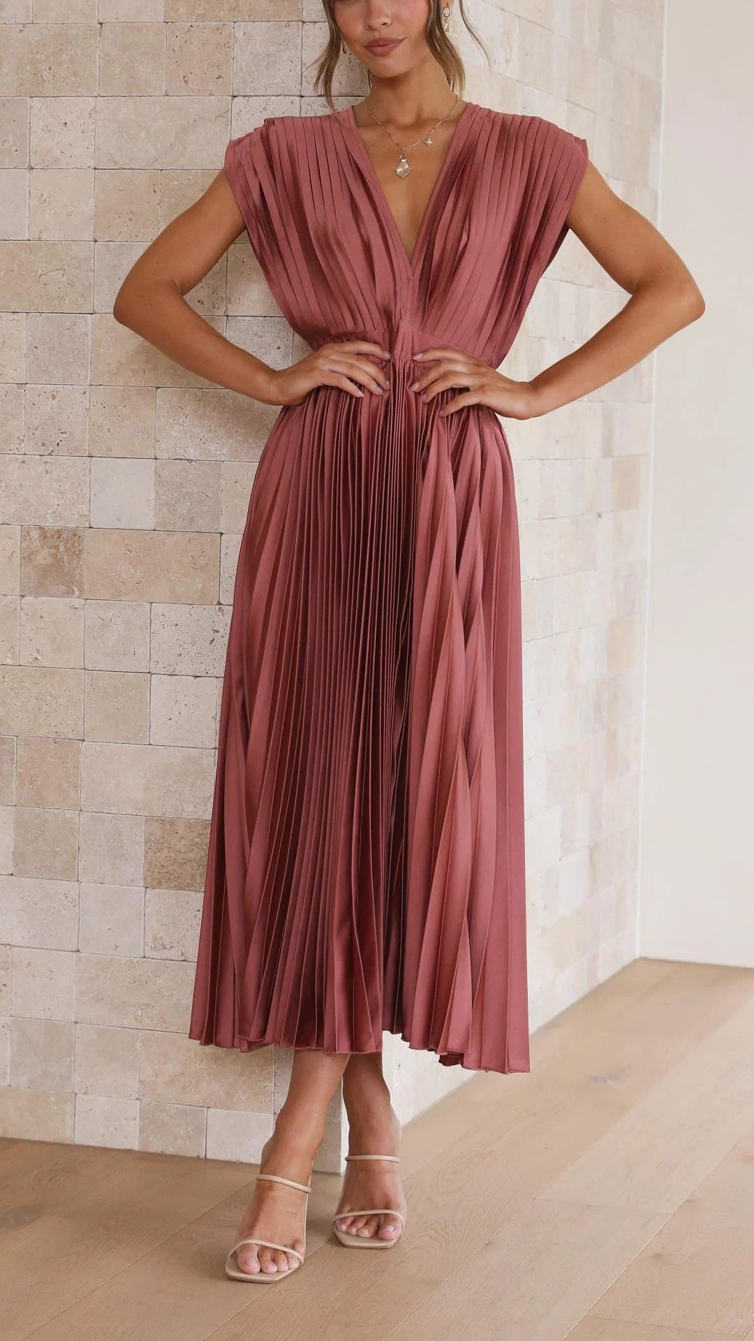 Maxi Dress with Draped V-Neckline and High Waist