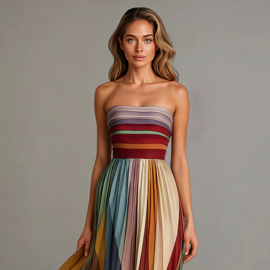 Strapless Pleated Maxi Dress – Colourful Print