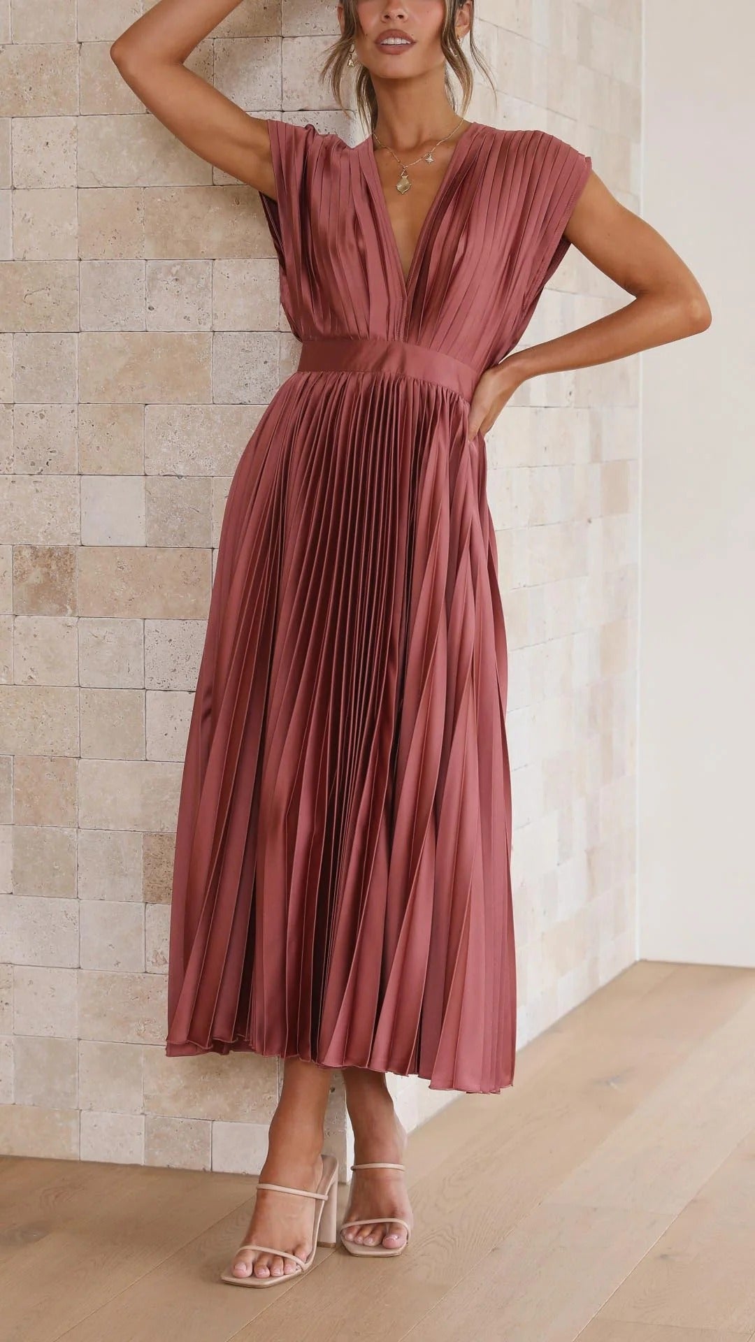 Maxi Dress with Draped V-Neckline and High Waist