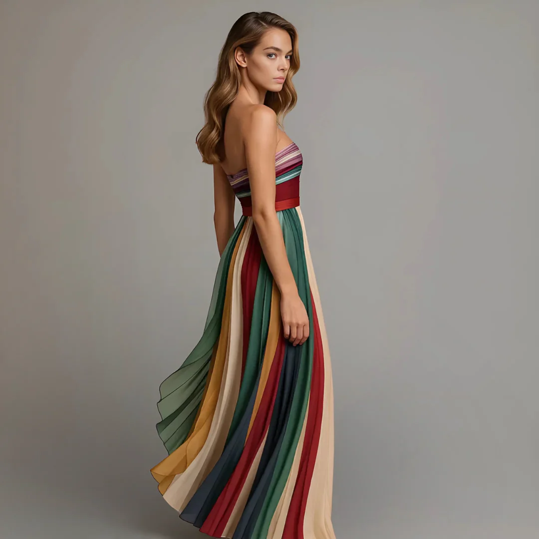Strapless Pleated Maxi Dress – Colourful Print