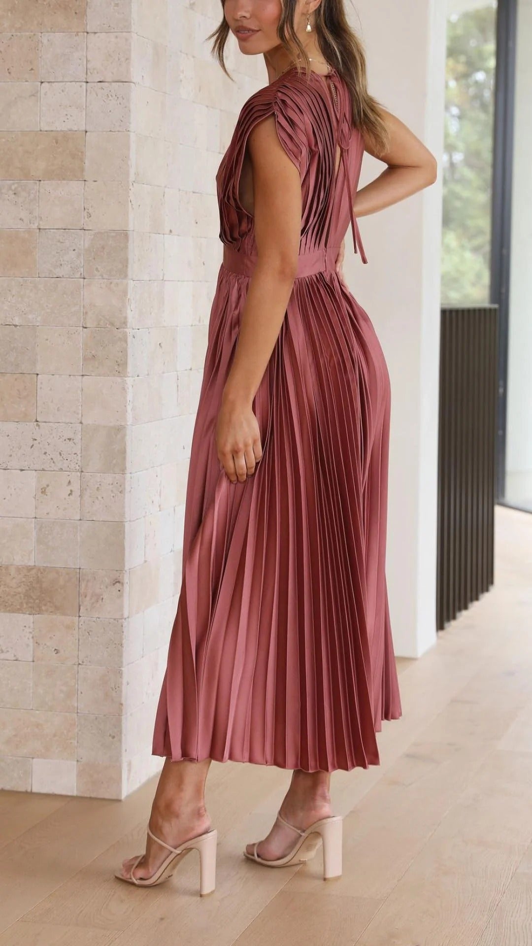 Maxi Dress with Draped V-Neckline and High Waist