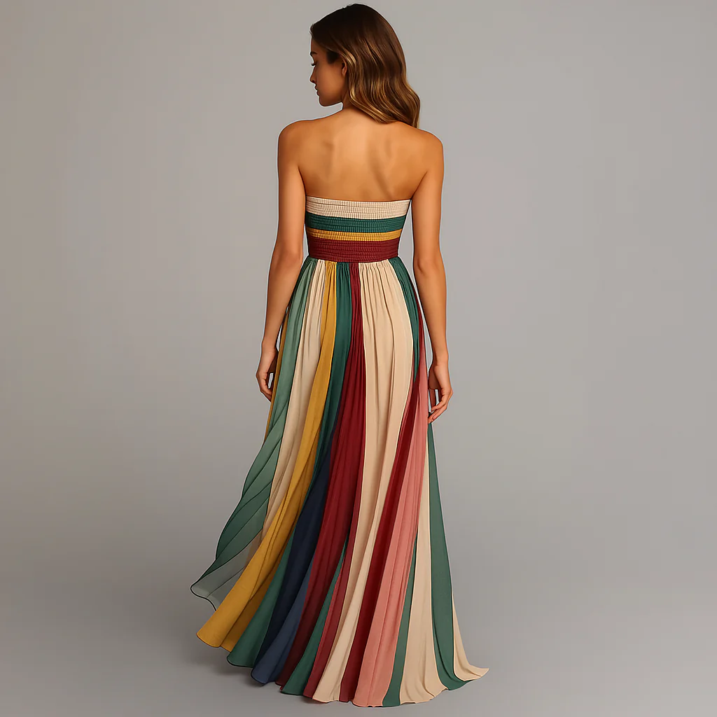 Strapless Pleated Maxi Dress – Colourful Print