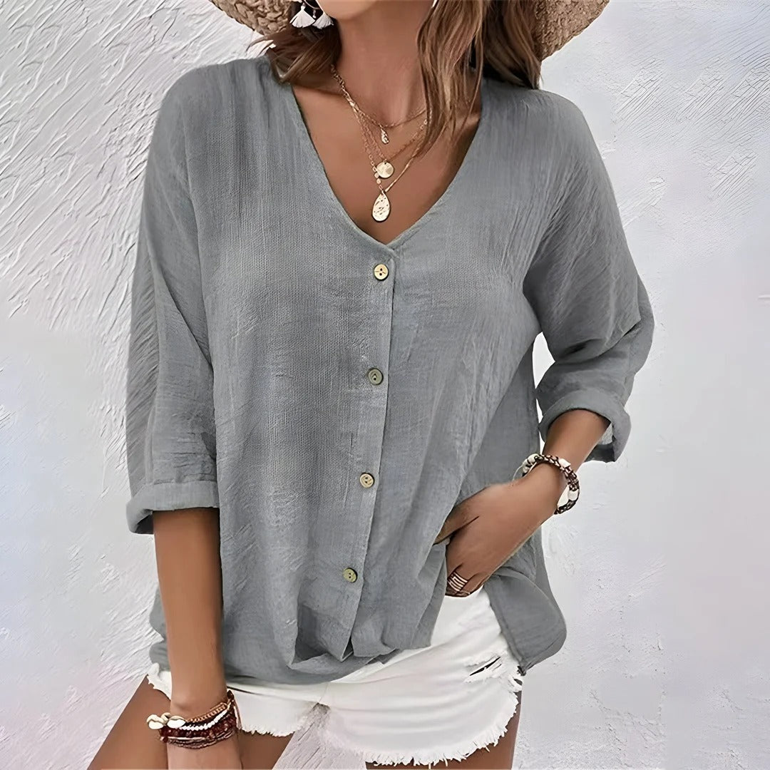 Button-Up Blouse with V-Neck and Roll Sleeves