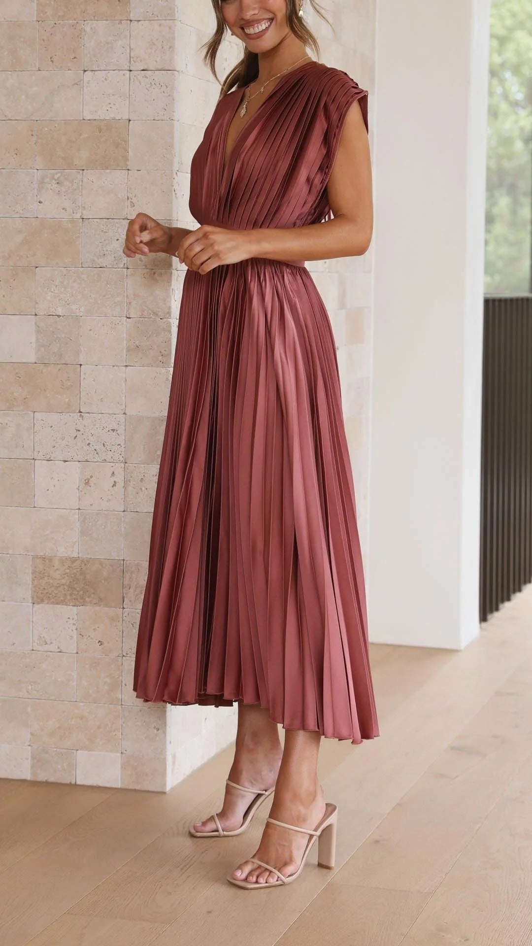 Maxi Dress with Draped V-Neckline and High Waist