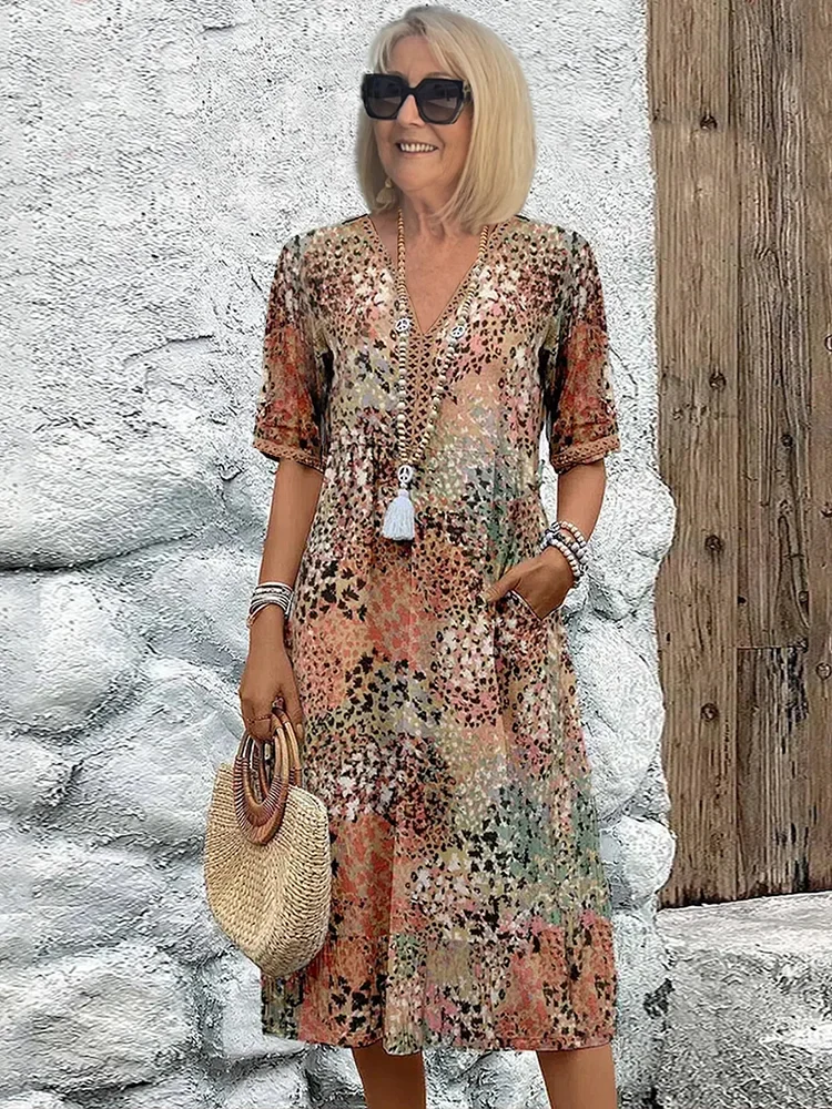 Midi Dress with Bold Print and Side Pockets